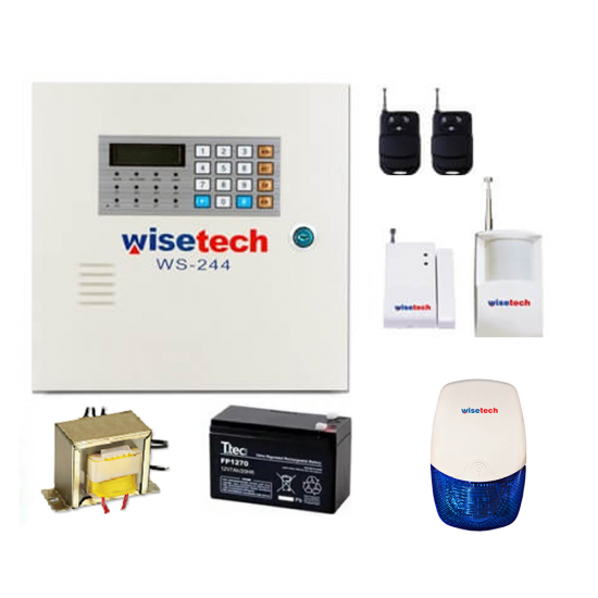 WİSETECH WS-244 KABLOSUZ ALARM SETİ ( PANEL, SİREN, 1 x PIR, 1 x MK, 2 x Kumanda AKÜ, TRAFO )